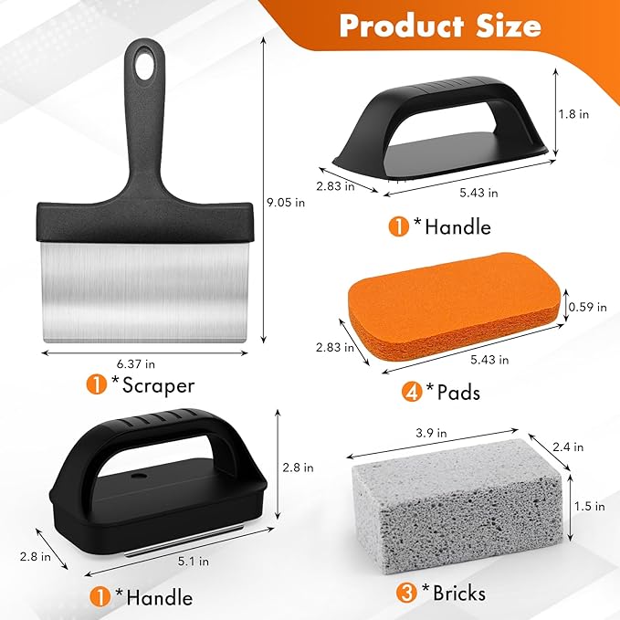 MEKER Griddle Cleaning Kit for Blackstone, Flat Top Grill Cleaning Kit with Grill Stone, Upgraded Scouring Pads & Griddle Scraper & Brush with Handle - Easy to Remove Stain (10 PCS)