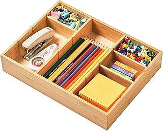 Umilife Bamboo Desk Drawer Organizer, Wood Junk Organizer Tray with Adjustable Dividers, Anti-Skip Storage Organization in Office Bathroom Drawer for Vanity, Makeup, 12" x 9"