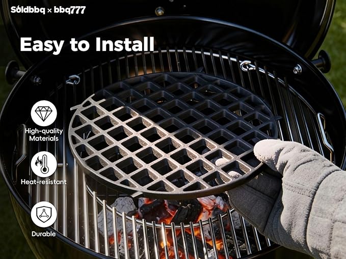Cast Iron 12" Gourmet BBQ System Sear Grate for Weber Kettle Premium 22-inch Charcoal Grill, Grill Grate Replacement Parts for Weber 22" Performer Premium Grill