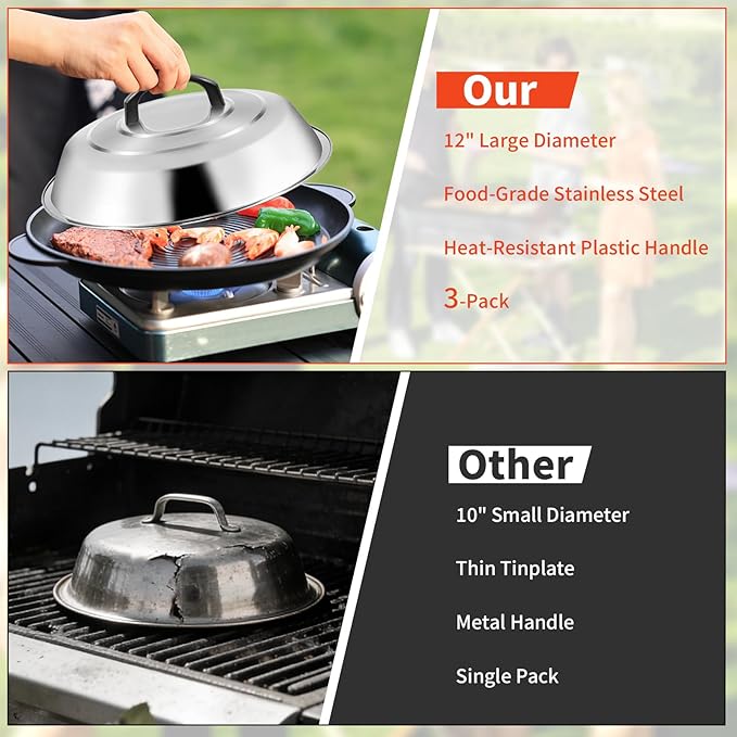 12 Inch Stainless Steel Cheese Melting Dome - 3 Pack BBQ Griddle Accessories, Basting Cover & Steaming Cover Wok Lids, Fits Blackstone Camp Chef Flat Top Griddle, Indoor Outdoor Use