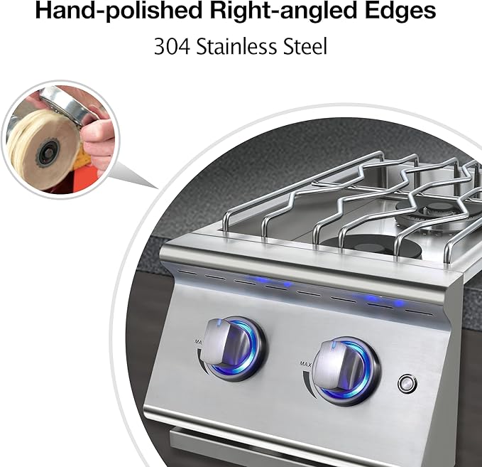 Double Grilling Side Burners for Outdoor Grill, Sturdy 304 Stainless Steel, with Liquid Propane Kit, Drop-in Side Burner for Outdoor Kitchen BBQ Island, 2 * 15,000BTU Natural Gas Side Burner