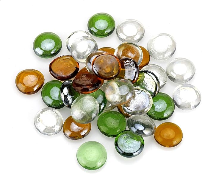 Mr. Fireglass 10 Pound Blended Fire Glass Beads, 1/2" High Luster Mixed Colored Fire Glass Drops for Fireplace Fire Pit & Lanscaping, Emerald Green, Crystal Ice, Caramel