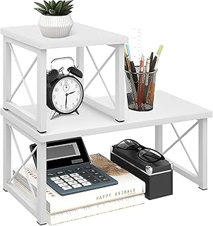 ELITEROO Wood Desktop Shelf, Freestanding Small Bookshelf Dorm Supplies Organizers, 2 Tier Independent Stackable Desk Stand, Adjustable Storage Organizer, Kitchen Counter Display Rack, White