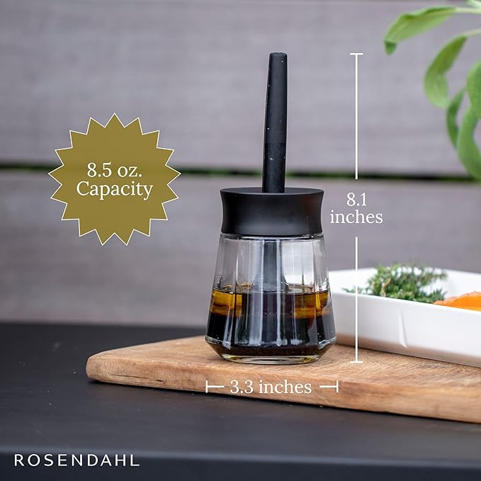 Rosendahl Grand Cru 8.1 in. Marinade Glass with Brush - Stylish Black Glass Jar with Flexible Lid and Soft-Touch Silicone Brush, Perfect for Mixing and Storing Marinades, Leak-Proof Kitchen Essential