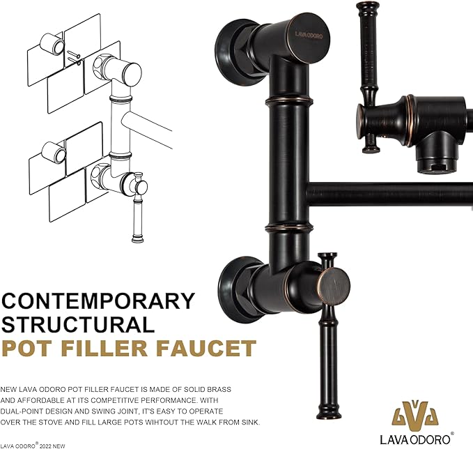 Oil Rubbed Bronze Pot Filler, Lava Odoro Contemporary Pot Filler Faucet Two-Attachment Wall Mount Folding Kitchen Pot Filler Faucet with Swing Arm, PF312-ORB