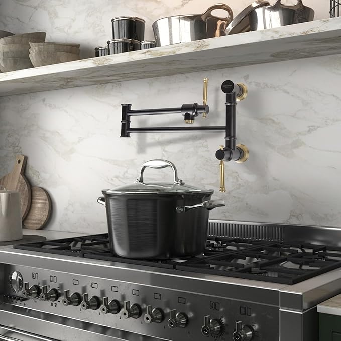 Lava Odoro Matte Black and Brushed Gold Pot Filler, Two-Attachment Wall Mount Pot Filler Faucet Black and Brass Folding Kitchen Pot Filler Single Hole with Double Joint Swing Arm, PF312-GB