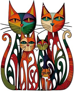 Wesiti Cat Wall Art Decor Iron Wall Sculptures Decor for Cats Lover 11 x 11.8 Inches Colorful Mid Century Cat Retro Signs for Home Living Room Bedroom Kitchen Office(Vintage-chic)