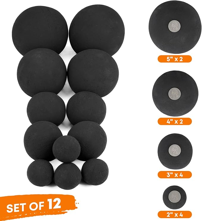 Stanbroil 12 Pack Ceramic Balls, Mixed of 4 Size Fireplace Balls, Modern Accessory for Indoor or Outdoor Fire Pits Fire Bowl and Fireplace, Black