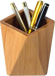 Bamboo Wood Pen Holder Stand for Desk Geometric Pencil Cup Pot Cute Desktop Office Supplies, Makeup Brushes Organizer (Bamboo)