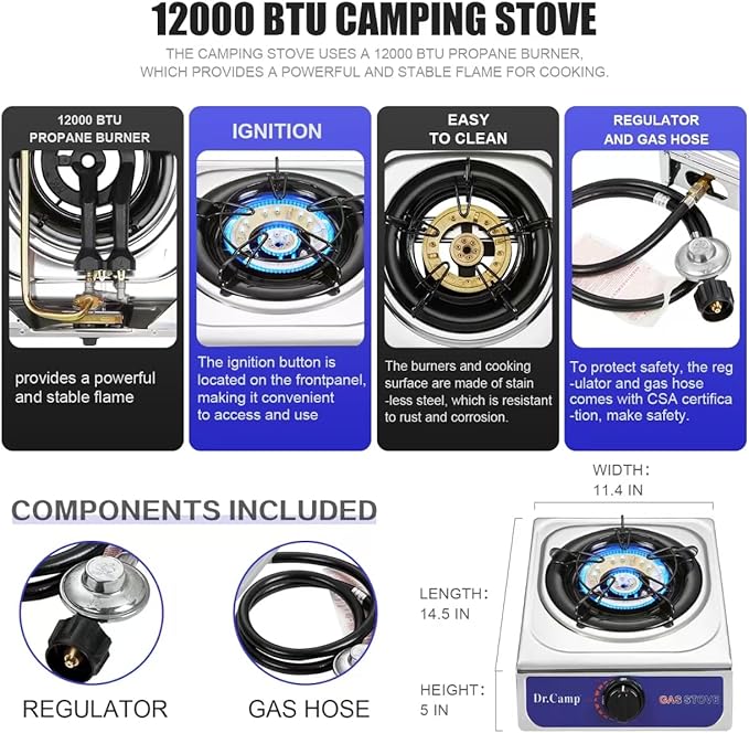 Dr.Camp 12000 BTU Single Auto Ignition Camping Garden Outdoor Camp Garden Hiking Fishing Propane Stove Cooker Griddle, Include CSA listed regulator and gas hose