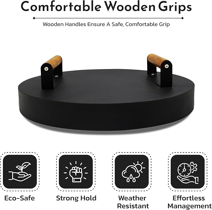 15.5” Round Firepit Lid – Heat Resistant Fire Pit Cover Lid Round for Outdoor Fireplace -16 Gauge Steel Flat Fire Pit Burner Pan Cover with Dual Wooden Handles Snuffer Lid for Patio Fire Pit Ring