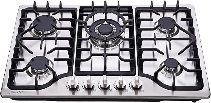 30 Inch Gas Cooktop, 5 Burners Built-in Gas Stovetop Stainless Steel LPG/NG Gas Stove Dual Fuel Sealed Gas Hob with Wok Stand and Pressure Regulator