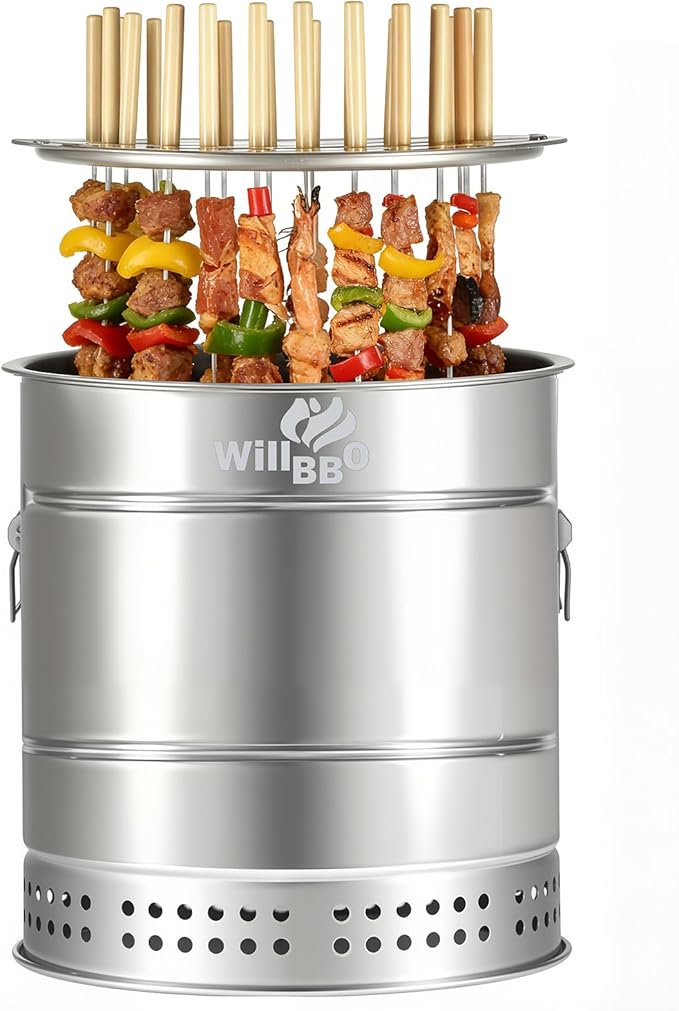 WILLBBQ Large Hanging Charcoal Grills, 360° Barrel Smoker, Stainless Steel Double-Wall Insulated, Portable for Outdoor Camping Patio (Bright Silver)