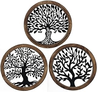 crossmoon Tree of Life Wooden Wall Art Decor Wall Sculpture Hollowed Out Metal Tree Wall Hanging Sign Decoration Supplies 11Inch 3 Packs