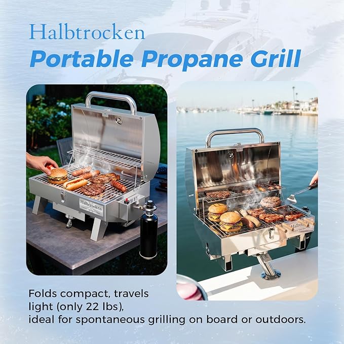 Halbtrocken 304 Stainless Steel Marine Gas Grill with Rod Holder Mount & Cover - 200 sq. in. Cooking Area, 12,000 BTU Propane Boat Grill - Perfect Compact Grill for Boating, Tailgating and Camping