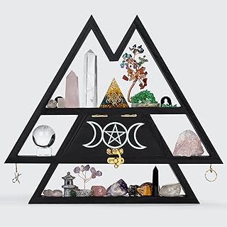 Pracaniz Medium Crystal Shelf with Hidden Drawer & Hooks | Maximalist Witchy Decor for Walls & Desktops | Gothic Boho Trinket Shelf for Crystals, Tarot & Oddities