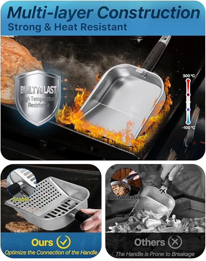 Griddle Scoop for Blackstone with a Any-Edge Hook, Stainless Steel Griddle Portable Food Mover for Stir Fry and Move Food, Classic & Sifting Grill Shovel, 4 Pack