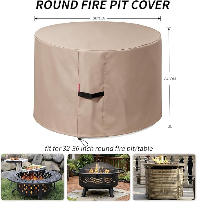 [2026 Upgraded]SheeChung Fire Pit Cover Round 36"D x 24"H,Heavy Duty 600D Waterproof Outdoor Firepit Cover,Fits for 33"-36" Wood Burning Fire Bowl/Table,Fade Resistant Firepit Covers with Drawstring
