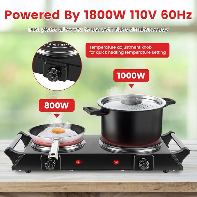 Electric Double Burner, Silicon Crystal Glass Hot Plate Cooktop with 5 Temperature Stepless Adjustments Portable Handles for RV/Home/Camp (Double Burner)
