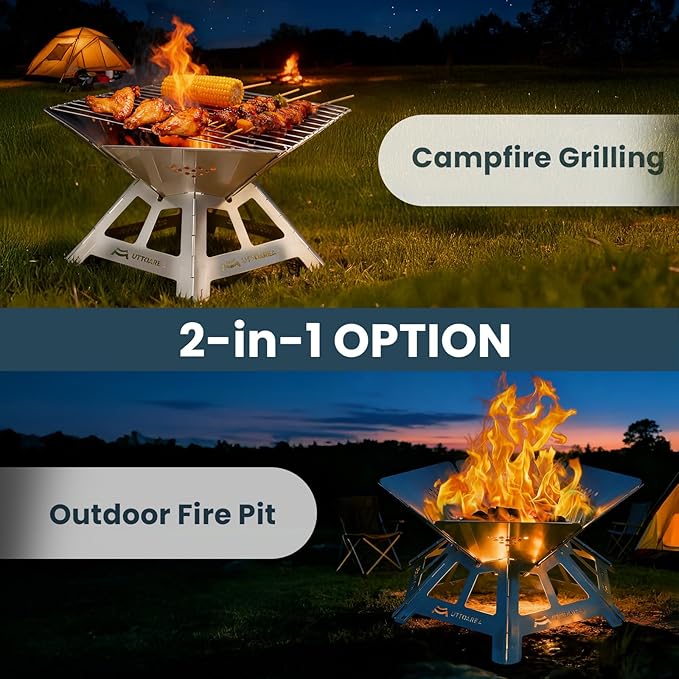 21" Portable Outdoor Fire Pit, 0.8mm Thick Stainless Steel Collapsible Wood Burning Pit with Charcoal Grill Net & Storage Bag for Patio, Backyard BBQ, Camping & Beach Bonfires