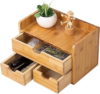 Rustic Distressed white 3-Tier Bamboo Desk Organizer with 3 Drawers Mini Storage Shelf For Desk, Toiletries Vanity Office Supplies (bamboo)