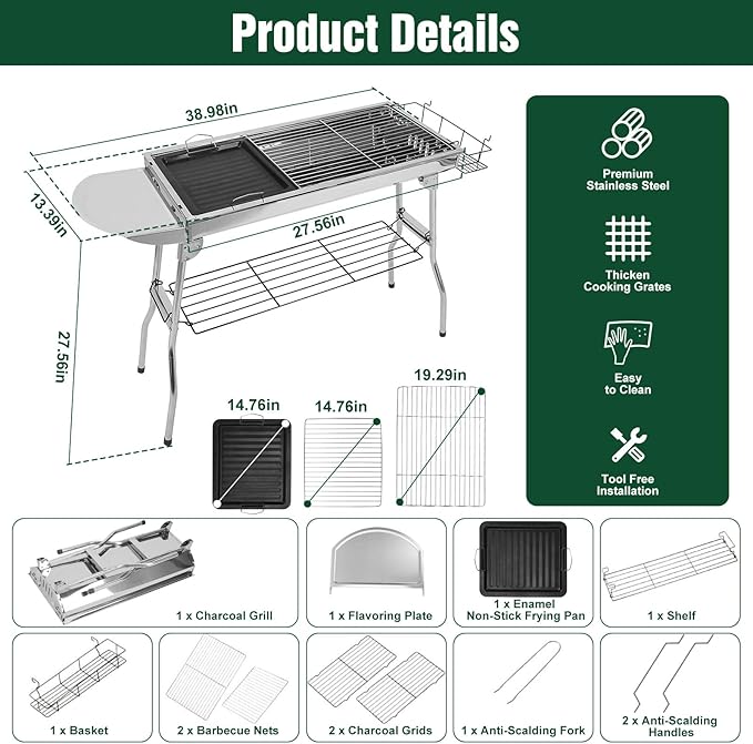 Portable Charcoal Grill, Folding Barbecue Grill with Storage Shelf, 39" x 13.39"x 27.56" Stainless Steel BBQ Smoker Barbecue Tool Kits for Outdoor Cooking Camping Hiking Picnics Backpacking (Large)