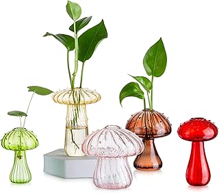 Glasseam Mushroom Plant Propagation Station: 5pcs Colored Glass Mini Terrarium for Plants, Cute Small Propagation Vases for Flowers - Unique Hydroponic Indoor Planters Gifts for Women's Room Decor
