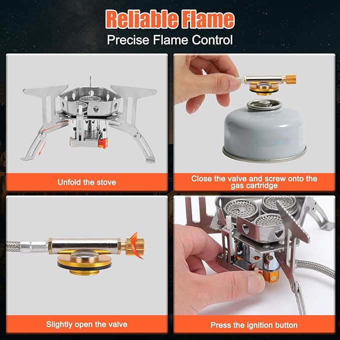 Windproof Camping Stove, Folding Stainless Steel Backpacking Cooking Picnic Stove with Aluminum Alloy, Compact and Portable for Outdoor Activities, Easy Setup with (5800W)