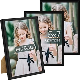 upsimples 5x7 Picture Frame Set of 3, Made of High Definition Glass for 5 x 7 Black Frames, Wall and Tabletop Display Thin Border Photo Frame for Home Décor