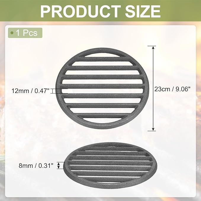 PATIKIL Cast Iron Fire Grate, 9" Round BBQ Grill Grate Replacement High Heat Charcoal Plate Fire Bottom Grate Grilling Accessories 6 Slots for Grilling Barbecue