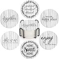 Britimes Coaster for Drinks Set of 6, White Old Wood Wooden Board Table Absorbent Round Ceramic Stone Mat, with Cork Base and Metal Holder, Gift for Housewarming Room Bar Decor