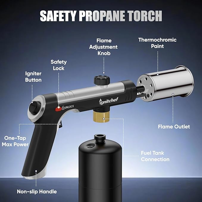 Propane Torch Gun with One-Touch Max Fire, Kitchen Blow Torch with a Safety Lock for Sous Vide Searing Steak, Grill, Charcoal Starter, Campfire (Propane Tank Not Included)