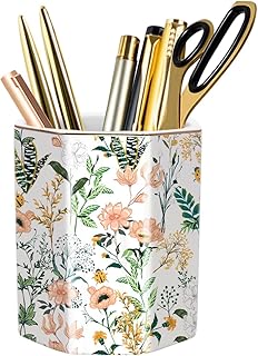 Cute Ceramic Pen Holder for Desk, Pencil Cup Pot, Makeup Brush Holders, Desk Accessories & Workspace Organizers for Home, Office, White Flower