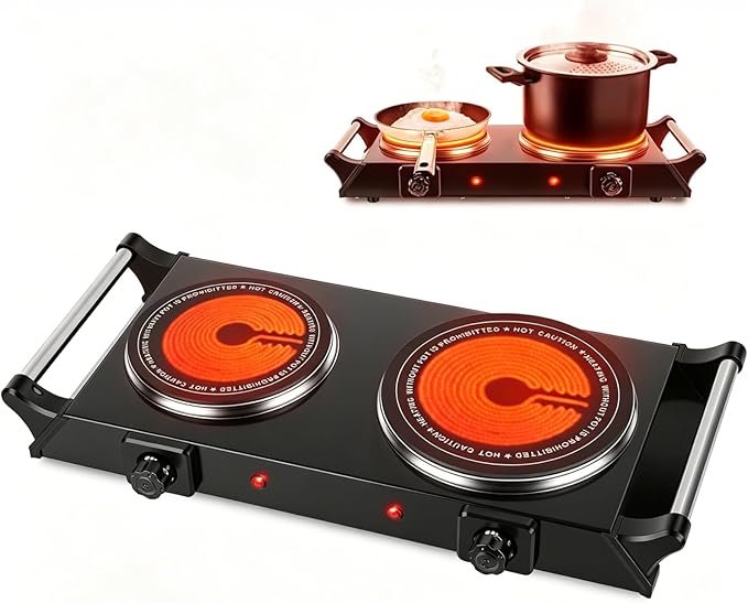 Electric Double Burner, Silicon Crystal Glass Hot Plate Cooktop with 5 Temperature Stepless Adjustments Portable Handles for RV/Home/Camp (Double Burner)