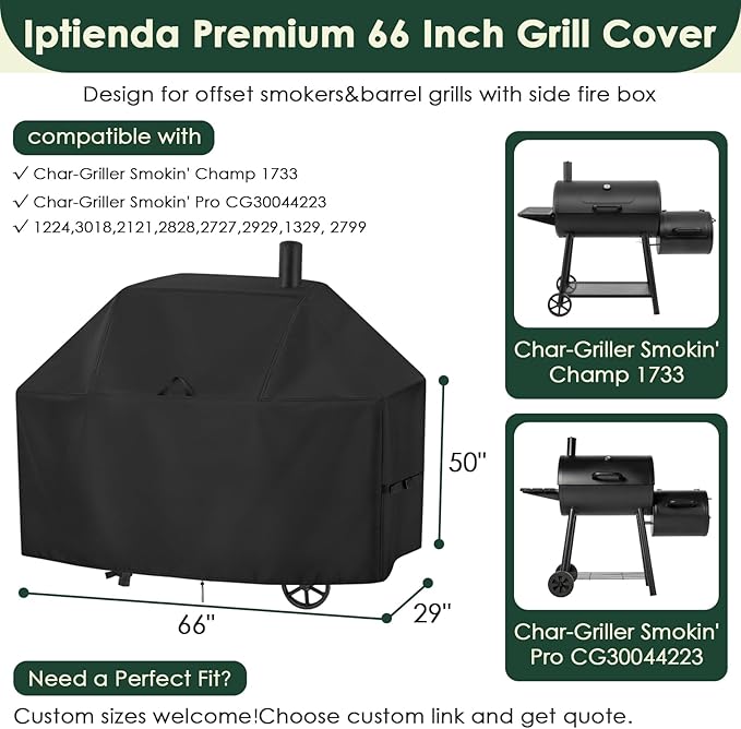 Grill Cover for Char Griller Smokin' Champ 1624, Offset Smoker 1733, Smokin' Pro CG30044223, 66inch Outdoor Grill Cover Waterproof for Charcoal Grill,Barrel Grill-66 L x 29" W x 50" H