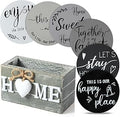 Queekay Coasters Set of 6 House Warming Gifts New Home Wooden Farmhouse Drink Coasters with Holder 4'' Funny Decoration for Kitchen Family Coffee Bar Tabletop Protection(Gray)
