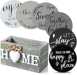 Queekay Coasters Set of 6 House Warming Gifts New Home Wooden Farmhouse Drink Coasters with Holder 4'' Funny Decoration for Kitchen Family Coffee Bar Tabletop Protection(Gray)