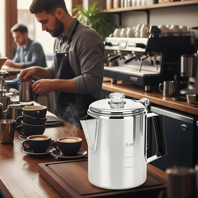Cididu Camping Coffee Pot Stainless Steel, Coffee Pot Outdoors, Durable Stove Top Brew Coffee Maker on Fire, Ideal for Group Camping, Hiking, Backpacking, RV and Travel, 9 Cups
