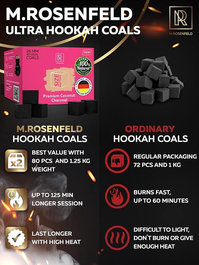 New 26 mm Hookah Charcoal Hookah Coals for Hookah Coconut – XL Pack 80 Count & 1.2 KG (2.6 lbs) – Premium Quality – 100% Natural Coconut Hookah Charcoal Cubes – NOT Quick Light