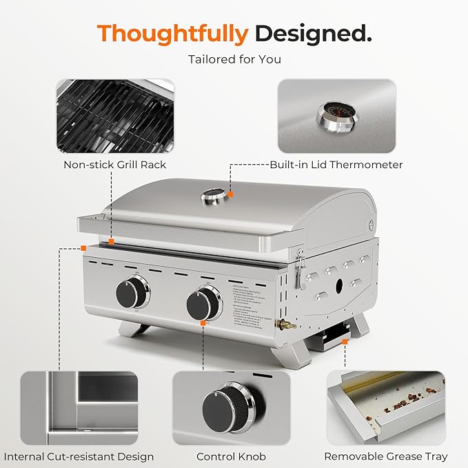 Electactic 16,000 BTUs Portable Tabletop Gas Grill, 2-Burner Propane Grill with 251 Sq.in Cooking Area, Stainless Steel BBQ Grill with Foldable Legs, Easy Assemble & Clean for Patio, Camping, Tailgate