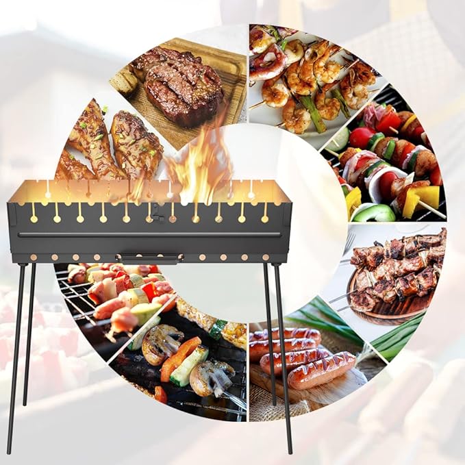 Charcoal Grill for 12 Skewers - Portable Barbecue Camp Grills Mangal Schaschlik - Foldable Metal Mangal - Kebab Shish BBQ for EDC Picnic Outdoor Cooking Camping Hiking (Skewers Not Included)