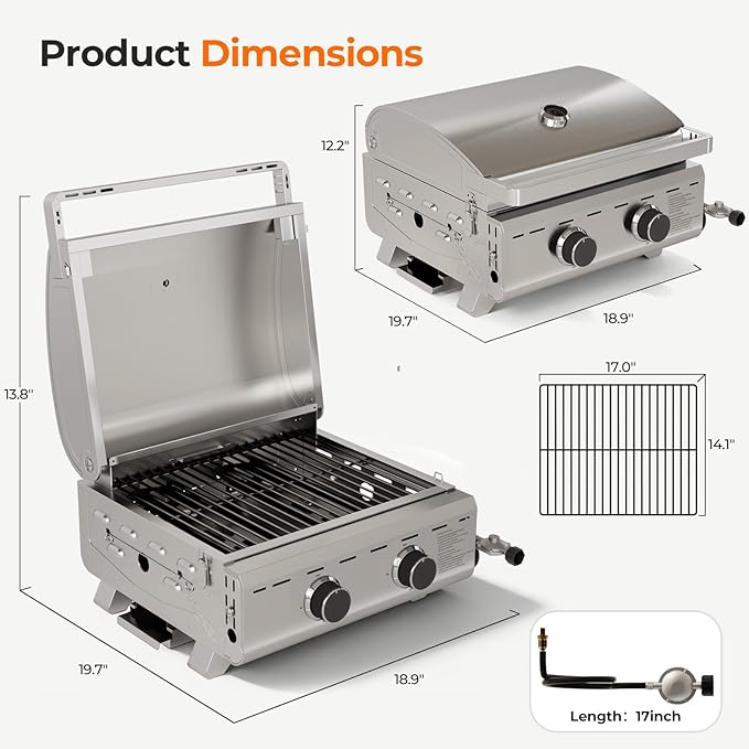 Electactic 16,000 BTUs Portable Tabletop Gas Grill, 2-Burner Propane Grill with 251 Sq.in Cooking Area, Stainless Steel BBQ Grill with Foldable Legs, Easy Assemble & Clean for Patio, Camping, Tailgate