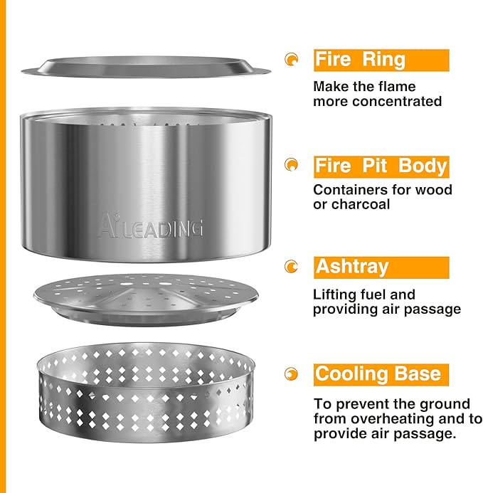 20 Inch Smokeless Fire Pit with Removable Ash Pan, Fire Pits for Outside Wood Burning, Portable Bonfire Outdoor Firepit, Bag & Poker Included, Stainless Steel, Camping Backyard (9KG) (No Legs)