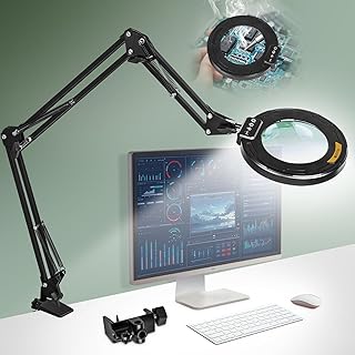 Ultra Long 3-Section Swing Arm 12X Magnifying Glass with Light and Stand, 4-Way Large Metal Clamp Lighted Magnifier Lamp, 5 Color Modes LED Magnifying Lamp for Workbench, Crafting（12X 35.2in Clamp ）