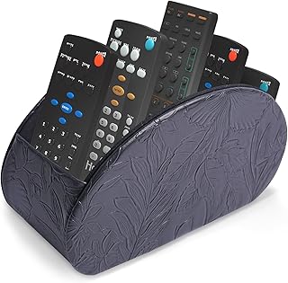 Remote Control Holder, PU Leather Remote Caddy Desktop Organizer with 5 Spacious Compartments for TV Remotes/Media Controllers/Office Supplies (1-Carved Black