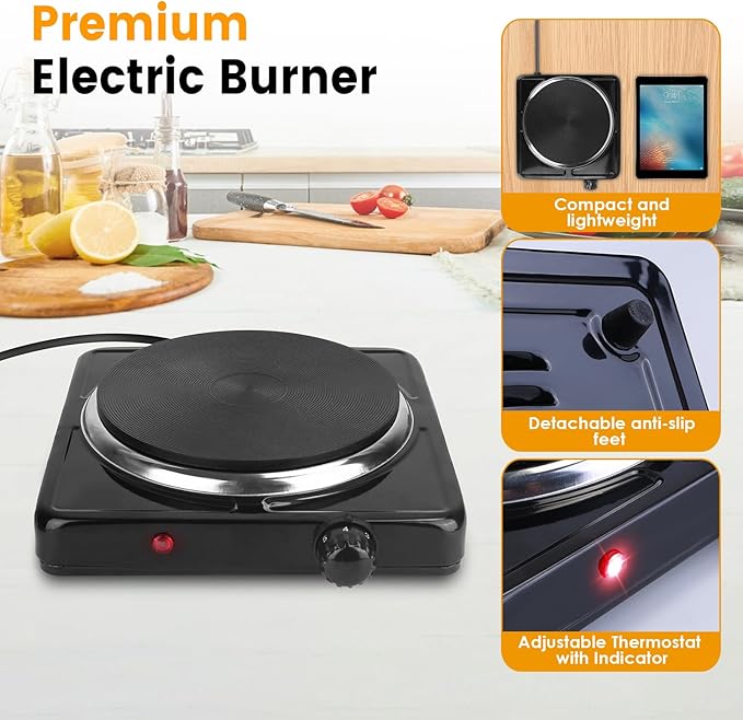7” Electric Single Burner, 1500W Portable Stainless Steel Countertop Hot Plate Stove Cooktop with Non Slip Rubber Feet for RV/Home/Camp, 5 Temperature Adjustments