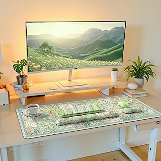iLeadon Mouse Pad and Keyboard Wrist Rest, Large Computer Desk Mat, Mouse Pad Set with Wrist Pad for Keyboard, Cute Green Desk Pad Mat with Non Slip Base Office Home(Floral)
