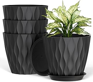 UOUZ 8 Inch Plant Pots, 4 Pack Plastic Planters for Indoor Outdoor with Drainage Holes & Saucers, Waffle Texture Flower Pots for Indoor Plants, Indoor Plant Pots for Monstera, Fiddle Leaf Fig, Black