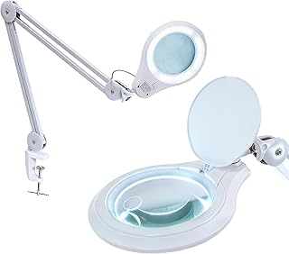Neatfi LED Bifocal Magnifying Lamp 1,200 Lumens – 5” Glass Lens, Dual Magnification 2.25X/6X, Dimmable | Adjustable Arm with Clamp | Crafting, Jewelry & Reading (5 Diopter + 20 Diopter, White)