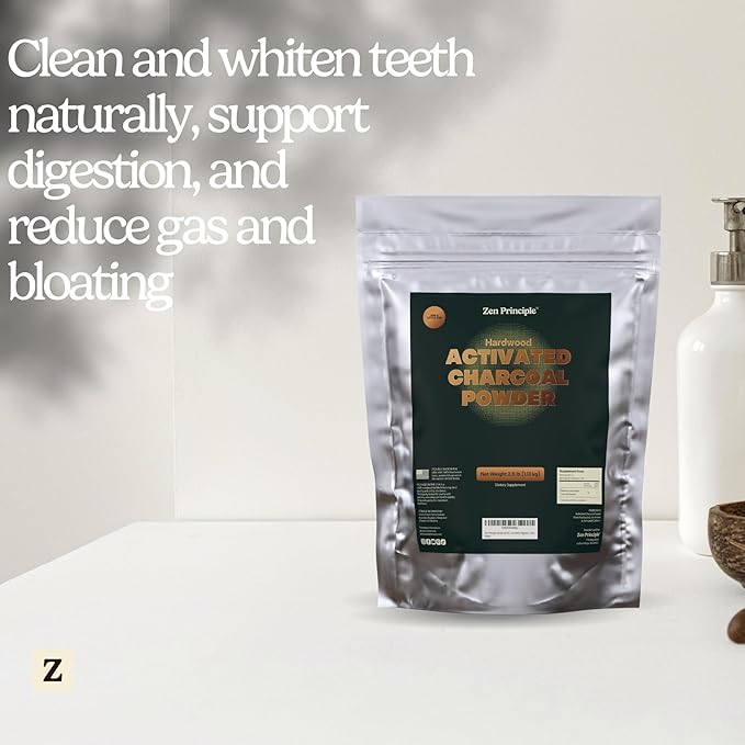 Zen Principle Hardwood Activated Charcoal Powder 100 Percent from USA Trees. All Natural. Whitens Teeth, Rejuvenates Skin and Hair, Supports Better Digestion, 8 oz.